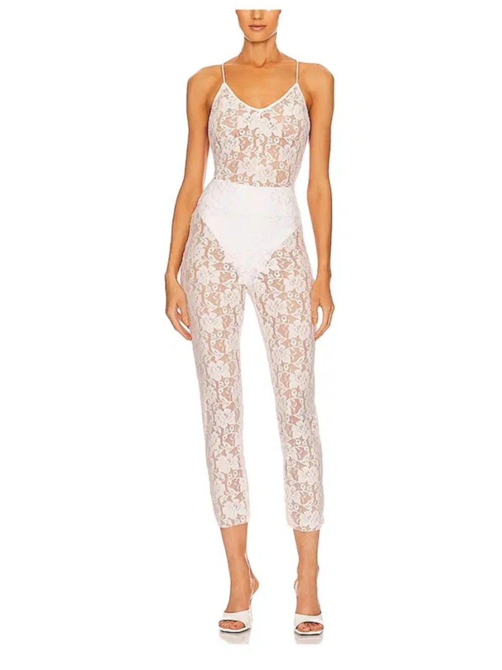 Norma Kamali Low Back Fara Slip Catsuit Sheer Lace Jumpsuit Ivory White Sz S